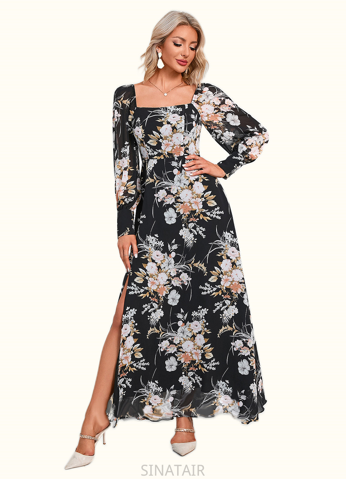 Gladys Floral Print Off the Shoulder Elegant A-line Chiffon Maxi Dresses DHP0022515