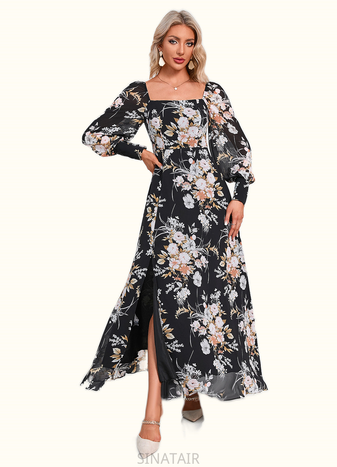 Gladys Floral Print Off the Shoulder Elegant A-line Chiffon Maxi Dresses DHP0022515