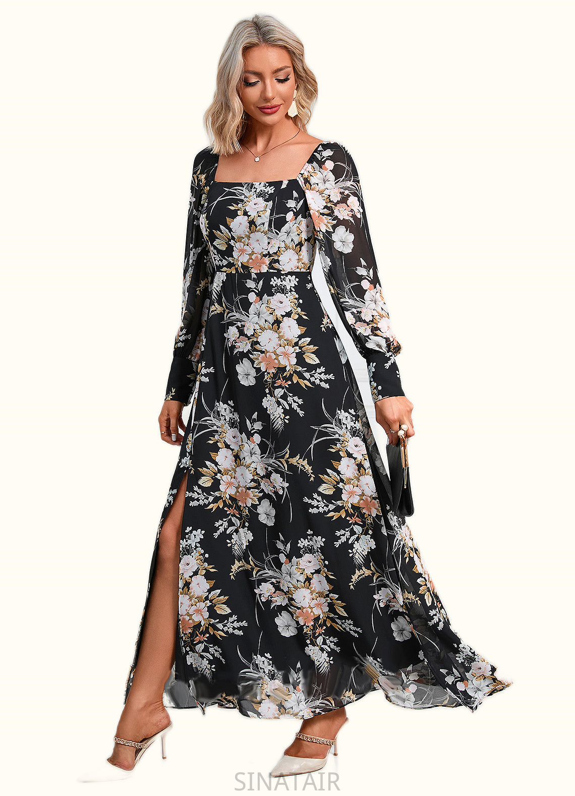 Gladys Floral Print Off the Shoulder Elegant A-line Chiffon Maxi Dresses DHP0022515