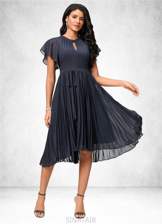 Allison A-line Scoop Asymmetrical Chiffon Cocktail Dress With Bow Pleated DHP0022530