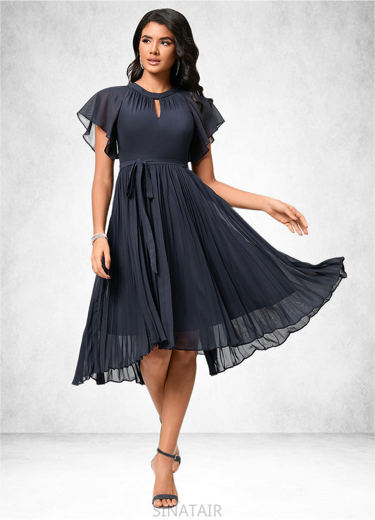 Allison A-line Scoop Asymmetrical Chiffon Cocktail Dress With Bow Pleated DHP0022530