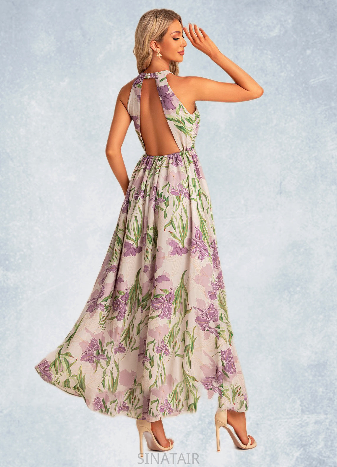 Angela A-line Halter Floor-Length Chiffon Bridesmaid Dress With Floral Print DHP0022565