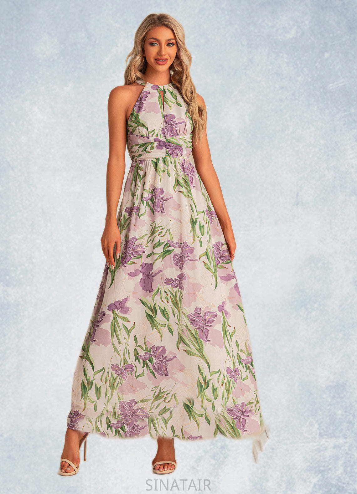 Angela A-line Halter Floor-Length Chiffon Bridesmaid Dress With Floral Print DHP0022565