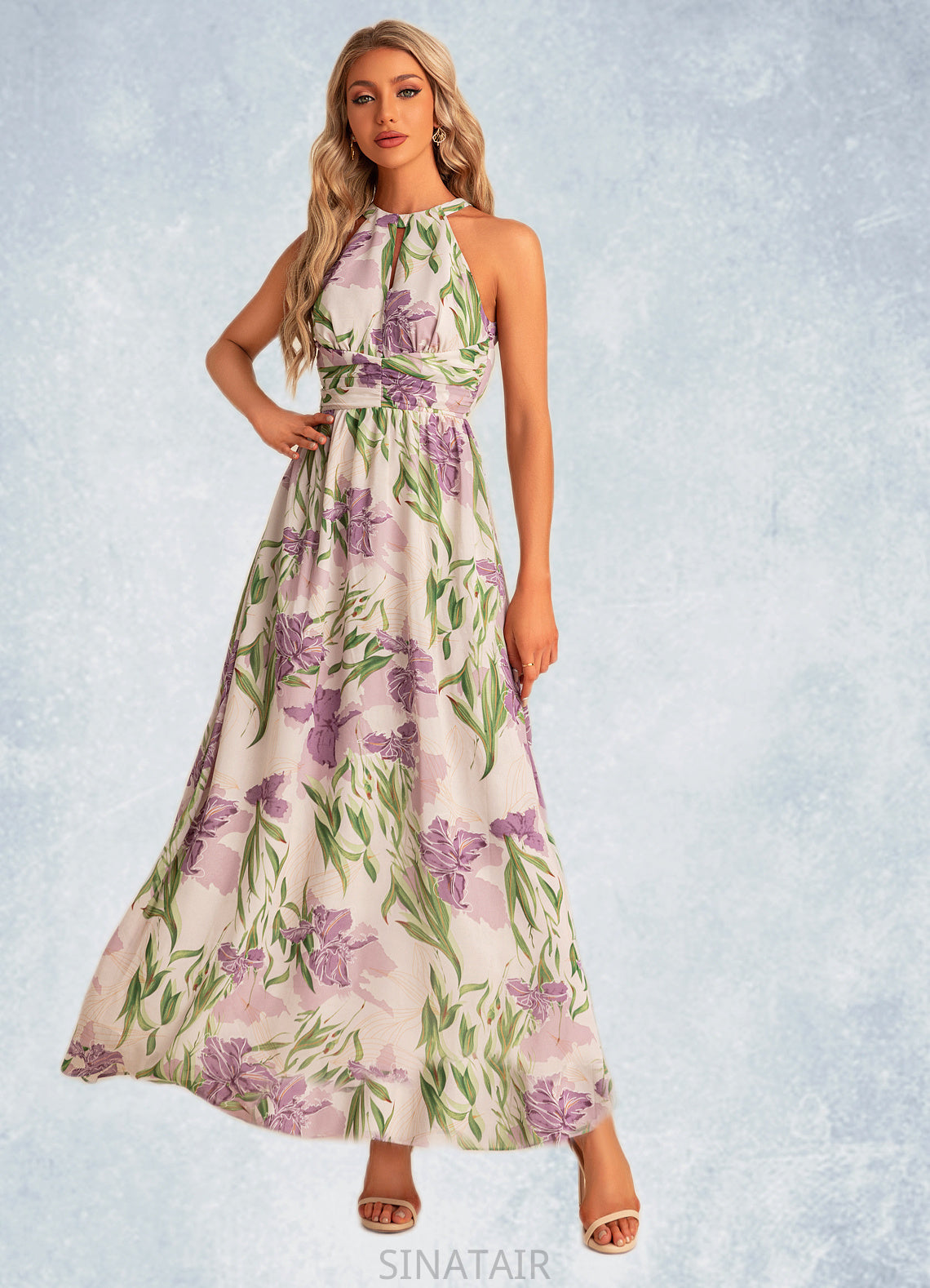 Angela A-line Halter Floor-Length Chiffon Bridesmaid Dress With Floral Print DHP0022565