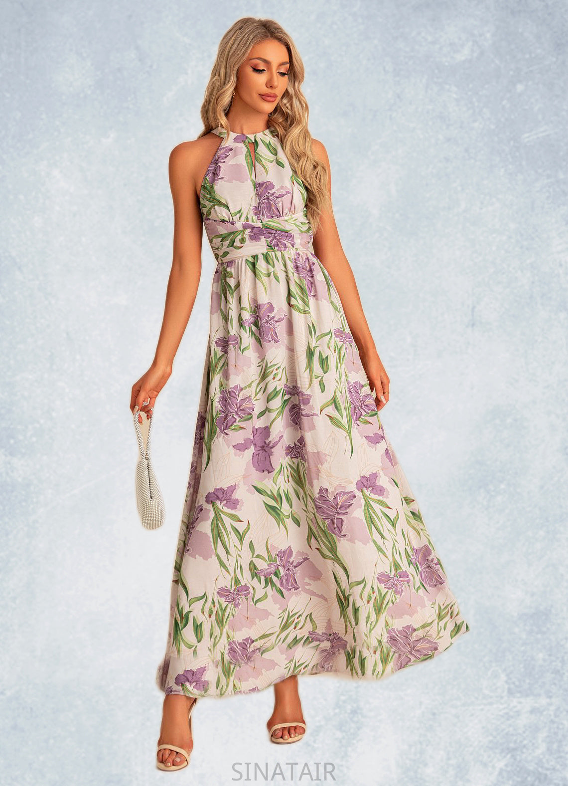 Angela A-line Halter Floor-Length Chiffon Bridesmaid Dress With Floral Print DHP0022565