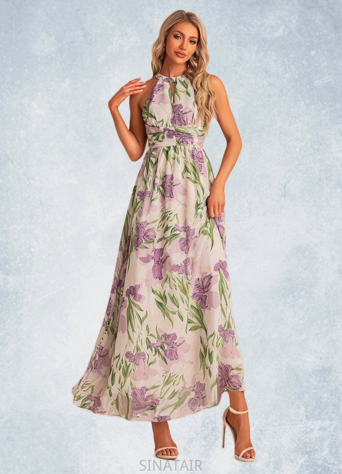 Angela A-line Halter Floor-Length Chiffon Bridesmaid Dress With Floral Print DHP0022565