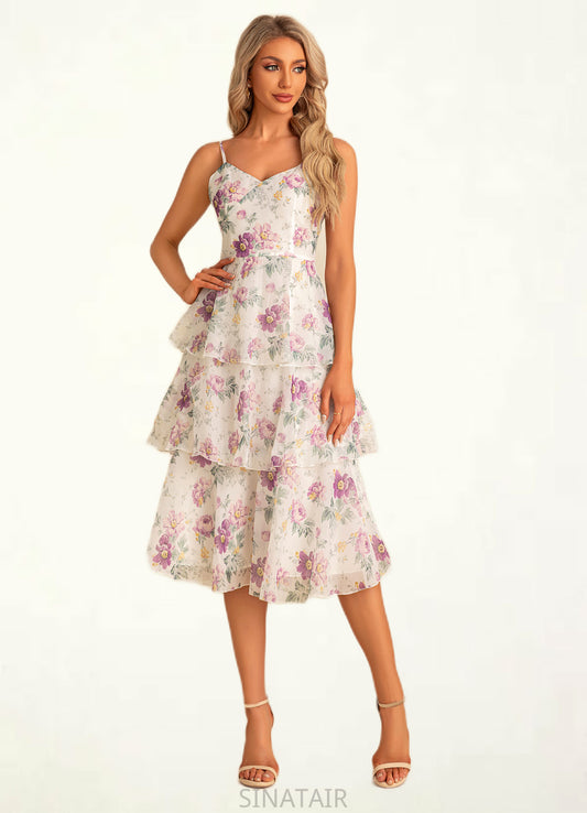 Nadine A-line V-Neck Tea-Length Chiffon Bridesmaid Dress With Cascading Ruffles Floral Print DHP0022567