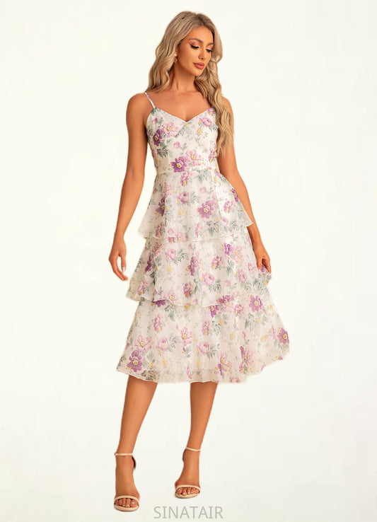 Nadine A-line V-Neck Tea-Length Chiffon Bridesmaid Dress With Cascading Ruffles Floral Print DHP0022567