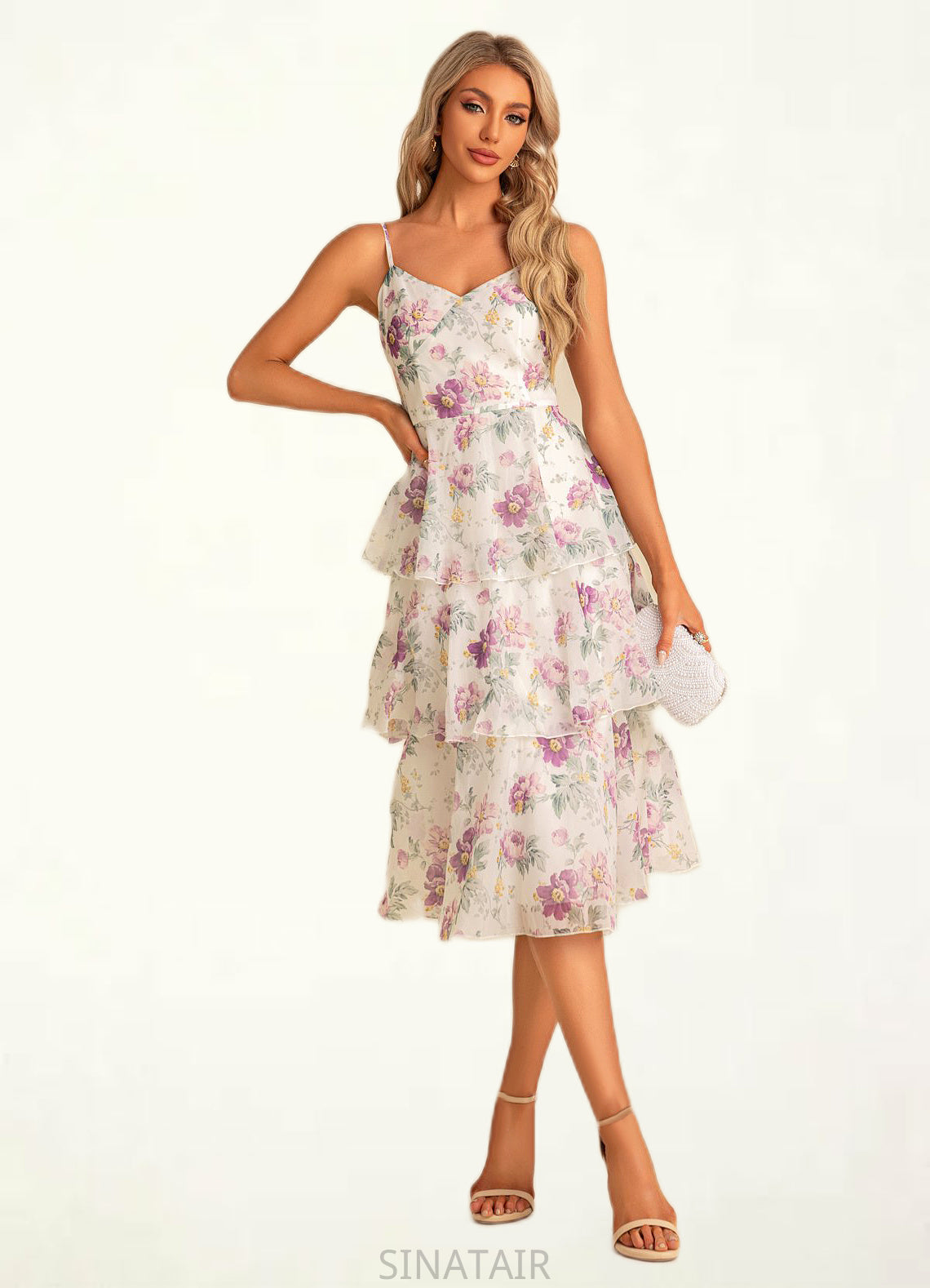 Nadine A-line V-Neck Tea-Length Chiffon Bridesmaid Dress With Cascading Ruffles Floral Print DHP0022567