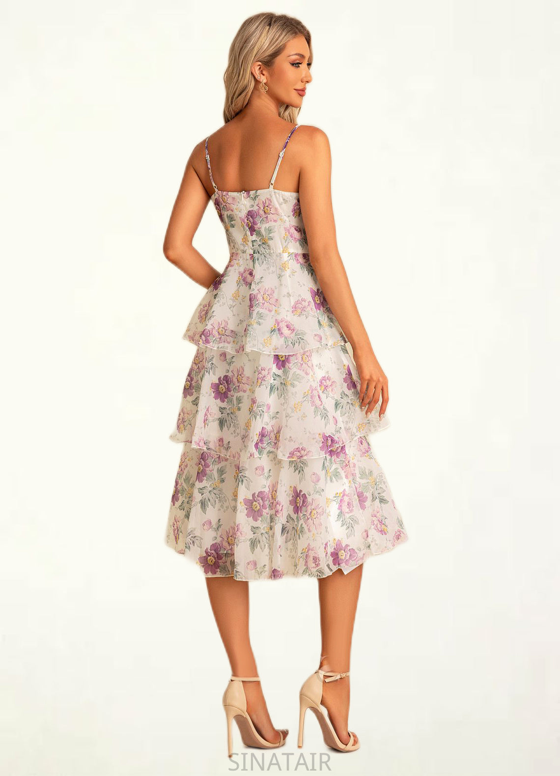 Nadine A-line V-Neck Tea-Length Chiffon Bridesmaid Dress With Cascading Ruffles Floral Print DHP0022567