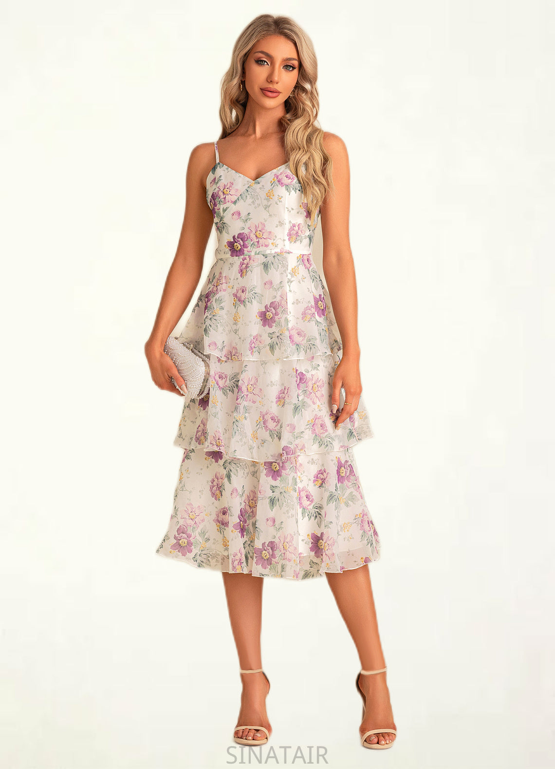 Nadine A-line V-Neck Tea-Length Chiffon Bridesmaid Dress With Cascading Ruffles Floral Print DHP0022567