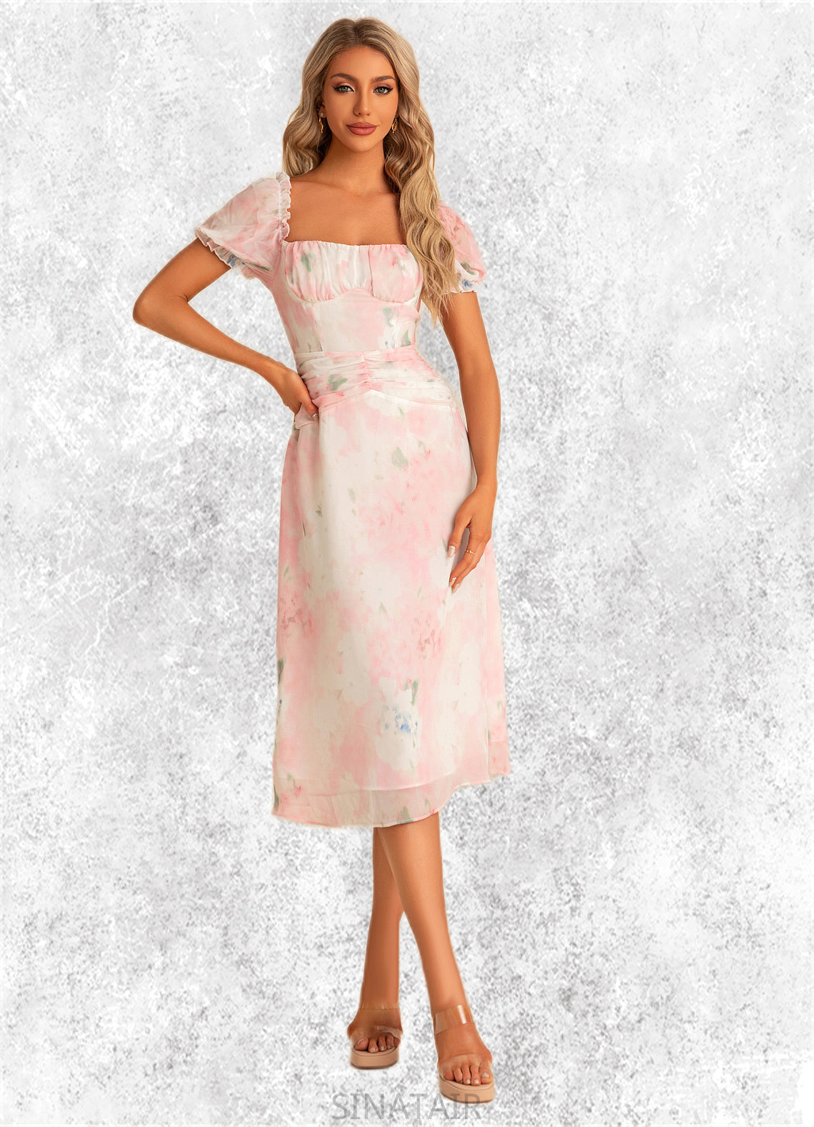 Mckenna A-line Square Tea-Length Chiffon Bridesmaid Dress With Floral Print DHP0022570