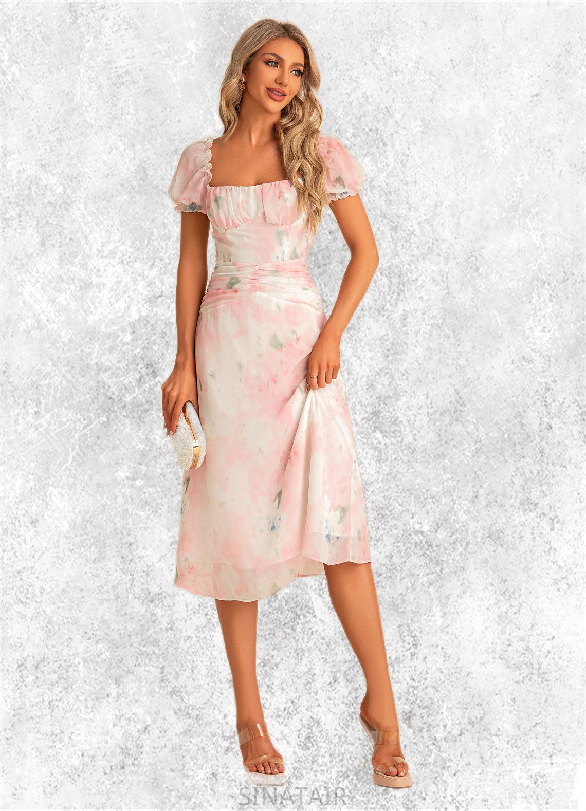 Mckenna A-line Square Tea-Length Chiffon Bridesmaid Dress With Floral Print DHP0022570