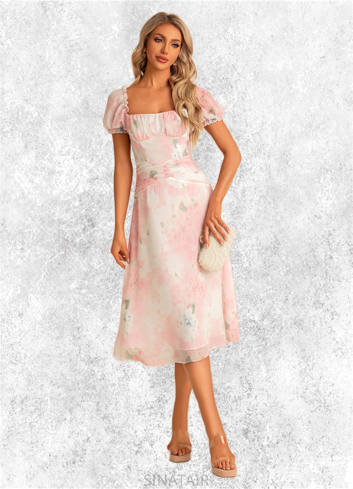 Mckenna A-line Square Tea-Length Chiffon Bridesmaid Dress With Floral Print DHP0022570