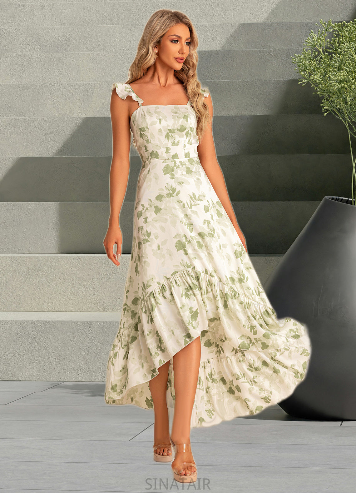 Skyla A-line Straight Floor-Length Asymmetrical Satin Bridesmaid Dress With Ruffle Floral Print DHP0022571