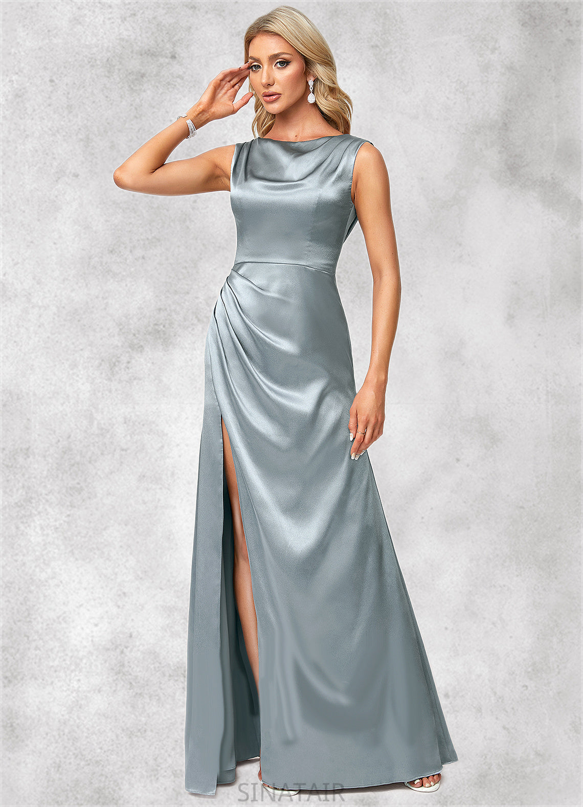 Miah A-line Cowl Scoop Floor-Length Stretch Satin Bridesmaid Dress DHP0022574