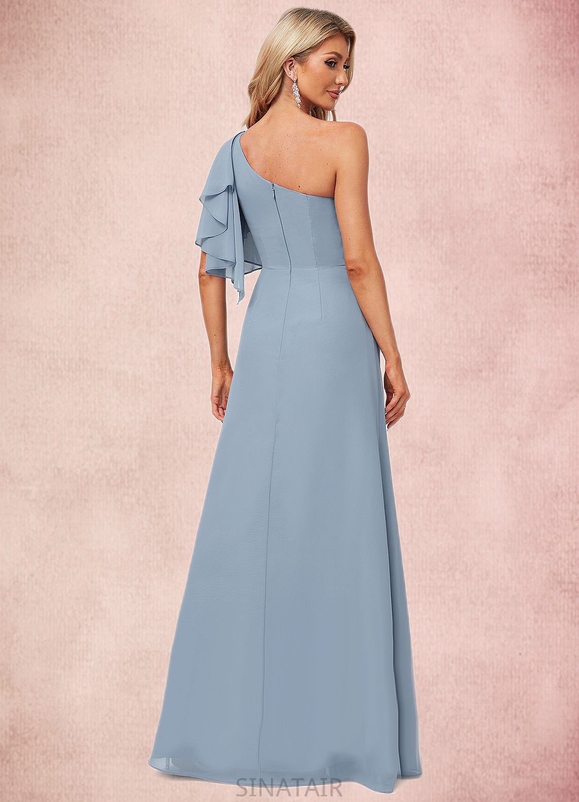 Emmy A-line One Shoulder Floor-Length Chiffon Bridesmaid Dress With Ruffle DHP0022576