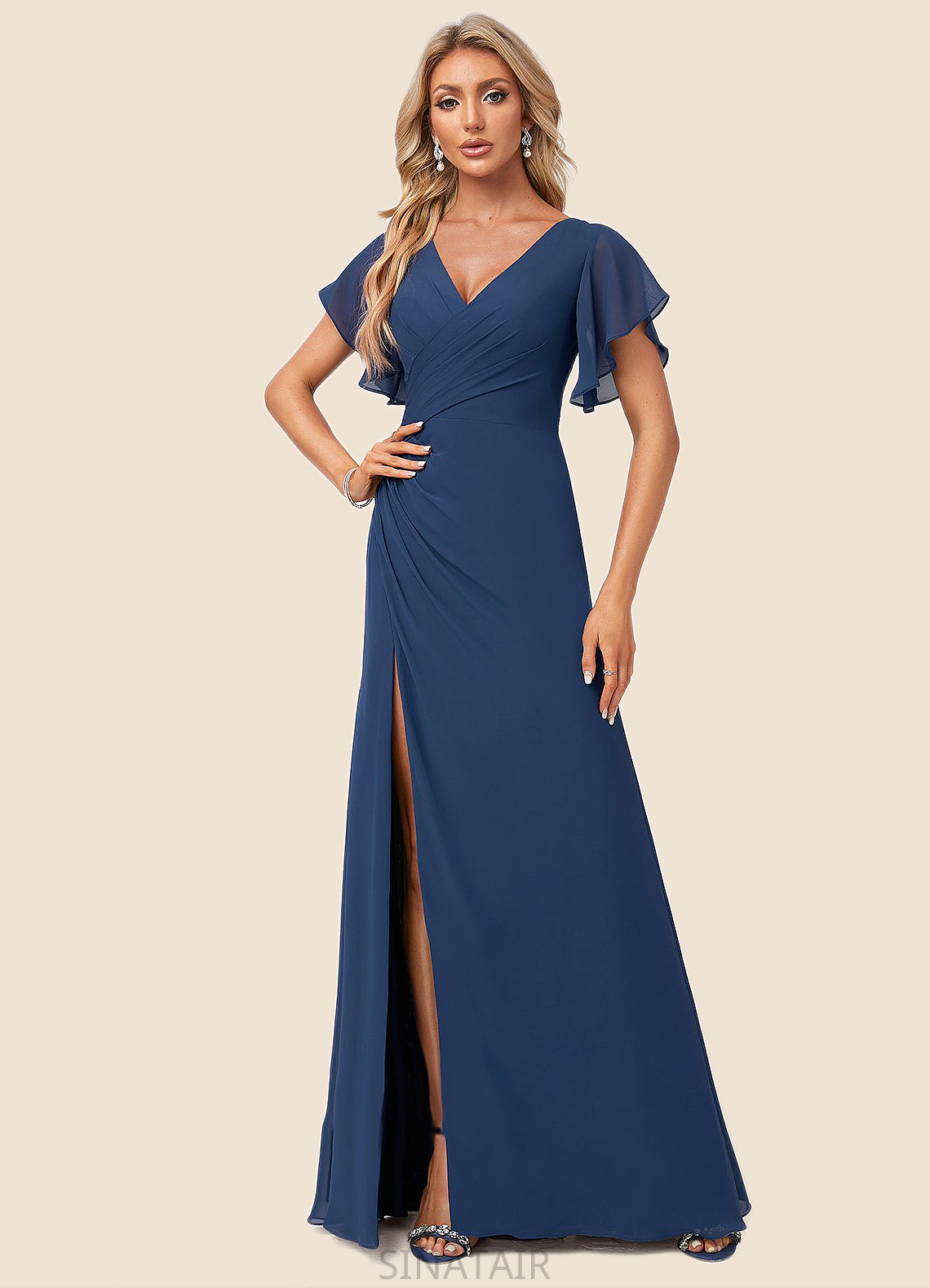 Tania A-line V-Neck Floor-Length Chiffon Bridesmaid Dress With Ruffle DHP0022582