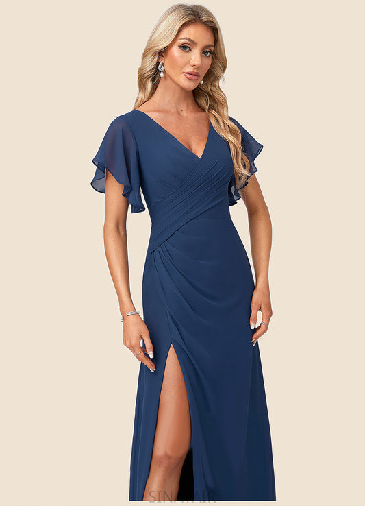 Tania A-line V-Neck Floor-Length Chiffon Bridesmaid Dress With Ruffle DHP0022582