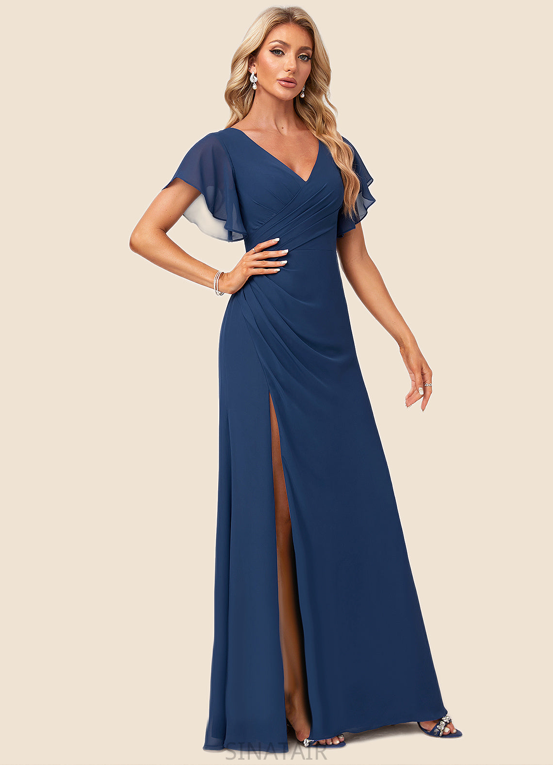 Tania A-line V-Neck Floor-Length Chiffon Bridesmaid Dress With Ruffle DHP0022582