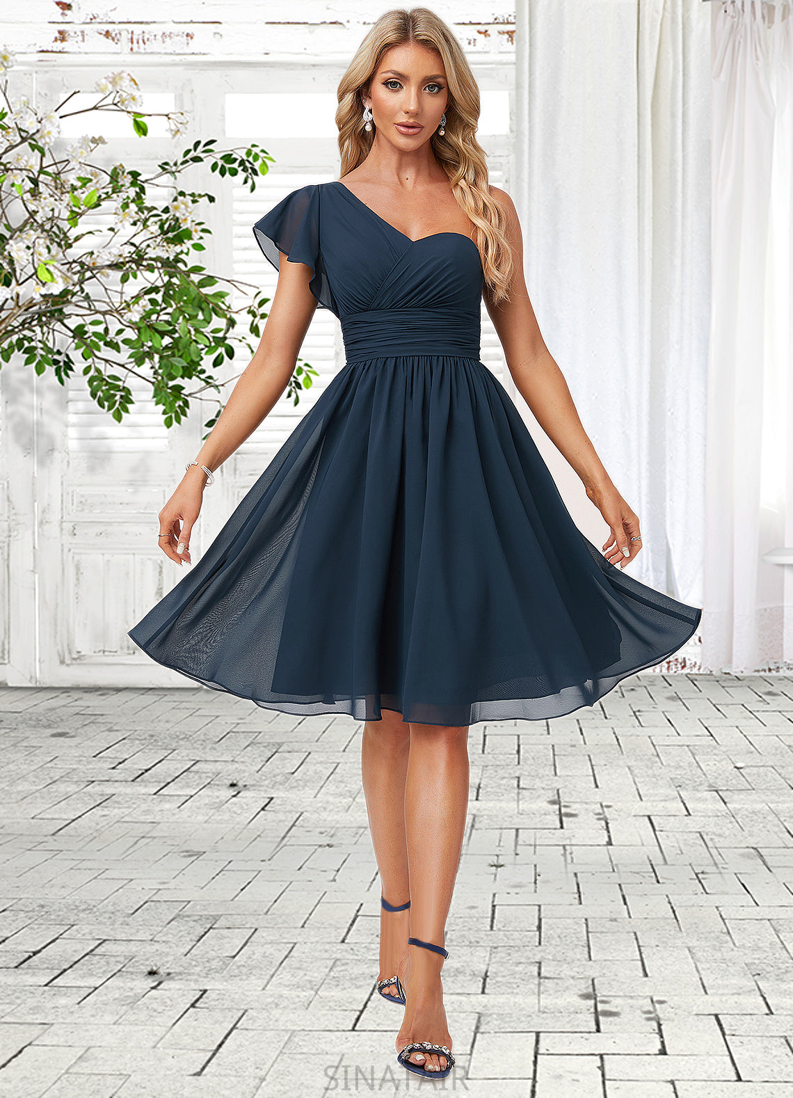 Katharine A-line One Shoulder Knee-Length Chiffon Bridesmaid Dress With Ruffle DHP0022583