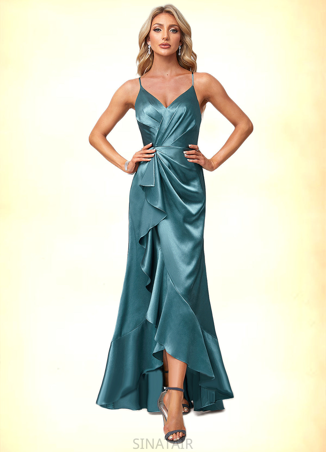 Vicky A-line V-Neck Asymmetrical Stretch Satin Bridesmaid Dress With Ruffle DHP0022584