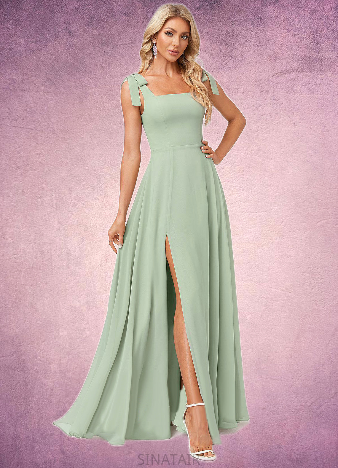 Sara A-line Square Floor-Length Chiffon Bridesmaid Dress With Bow DHP0022588