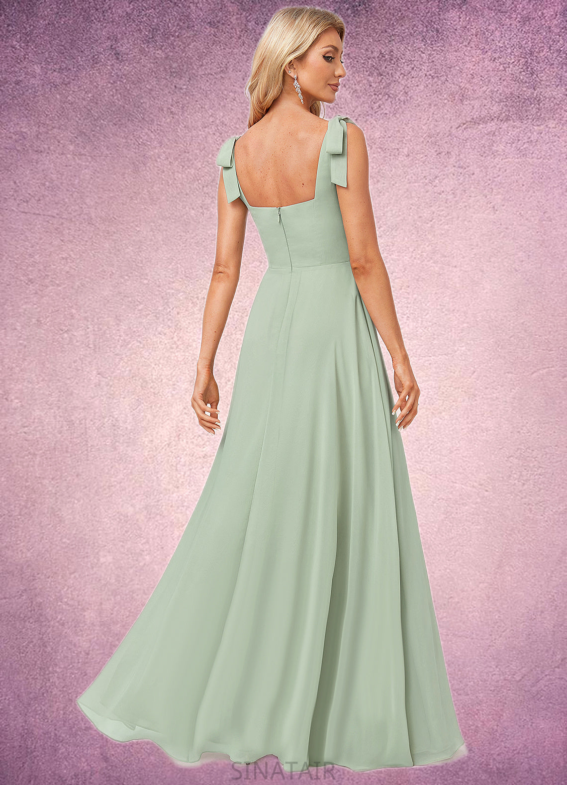 Sara A-line Square Floor-Length Chiffon Bridesmaid Dress With Bow DHP0022588