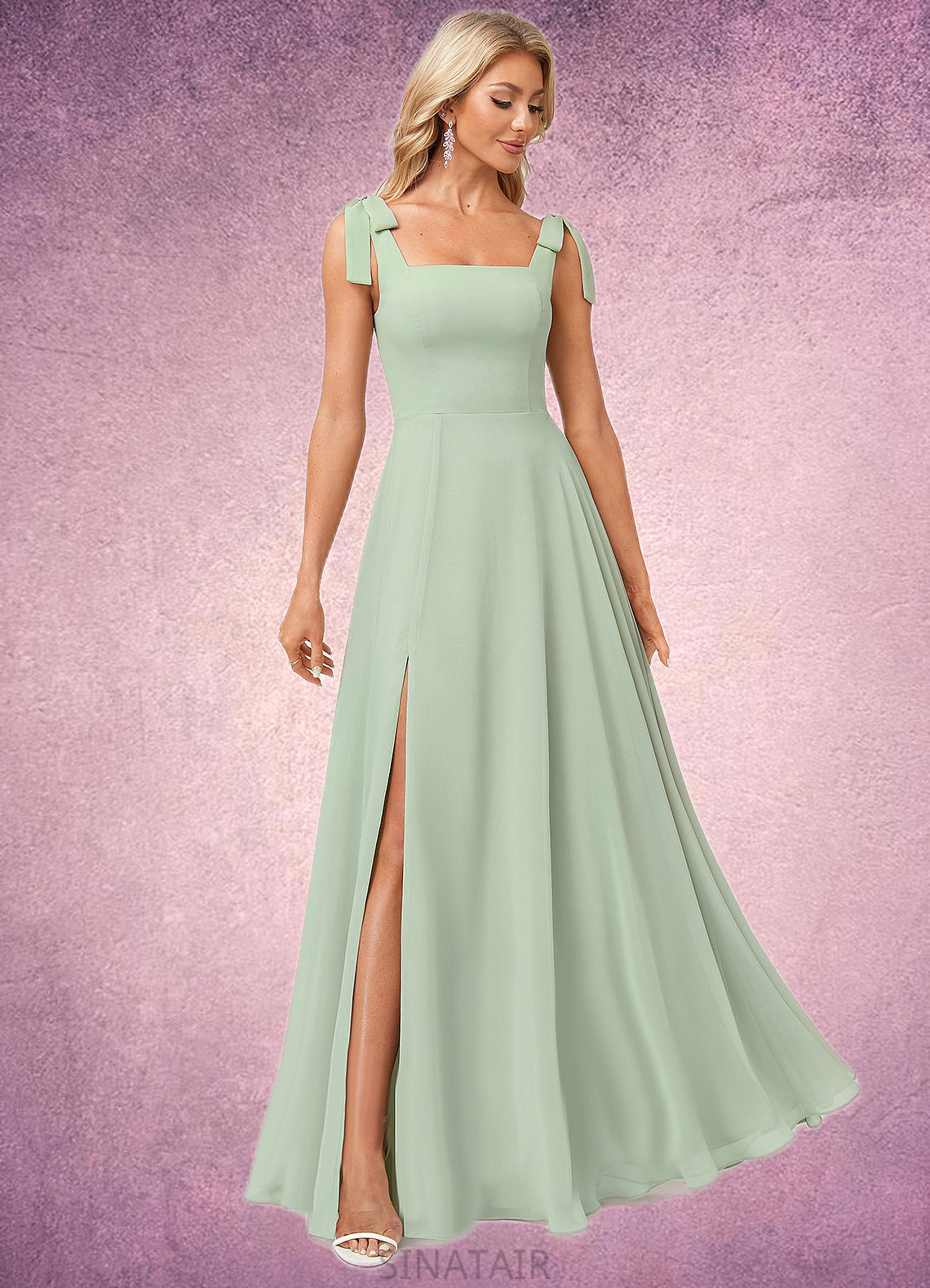 Sara A-line Square Floor-Length Chiffon Bridesmaid Dress With Bow DHP0022588