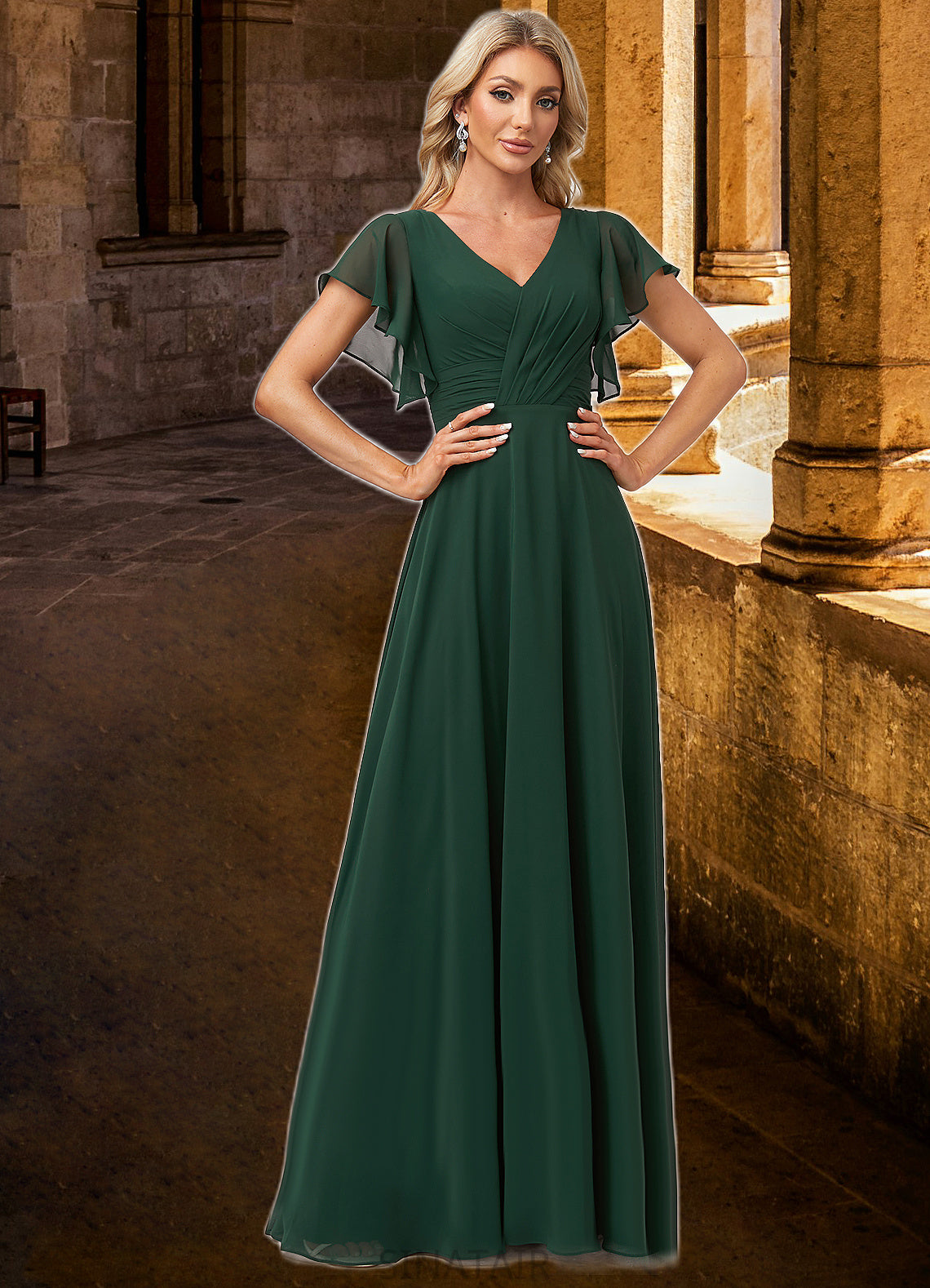 Annabella A-line V-Neck Floor-Length Chiffon Bridesmaid Dress With Ruffle DHP0022591