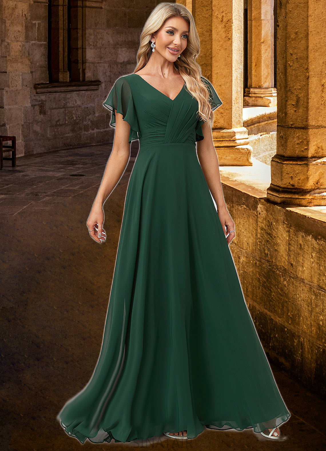 Annabella A-line V-Neck Floor-Length Chiffon Bridesmaid Dress With Ruffle DHP0022591