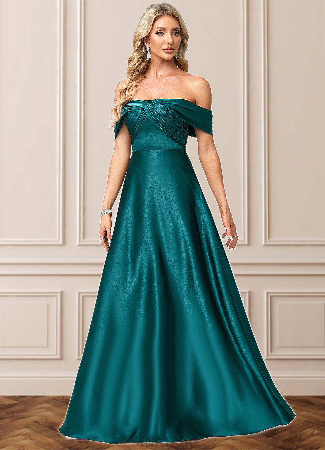 Kennedi A-line Off the Shoulder Floor-Length Stretch Satin Bridesmaid Dress DHP0022595