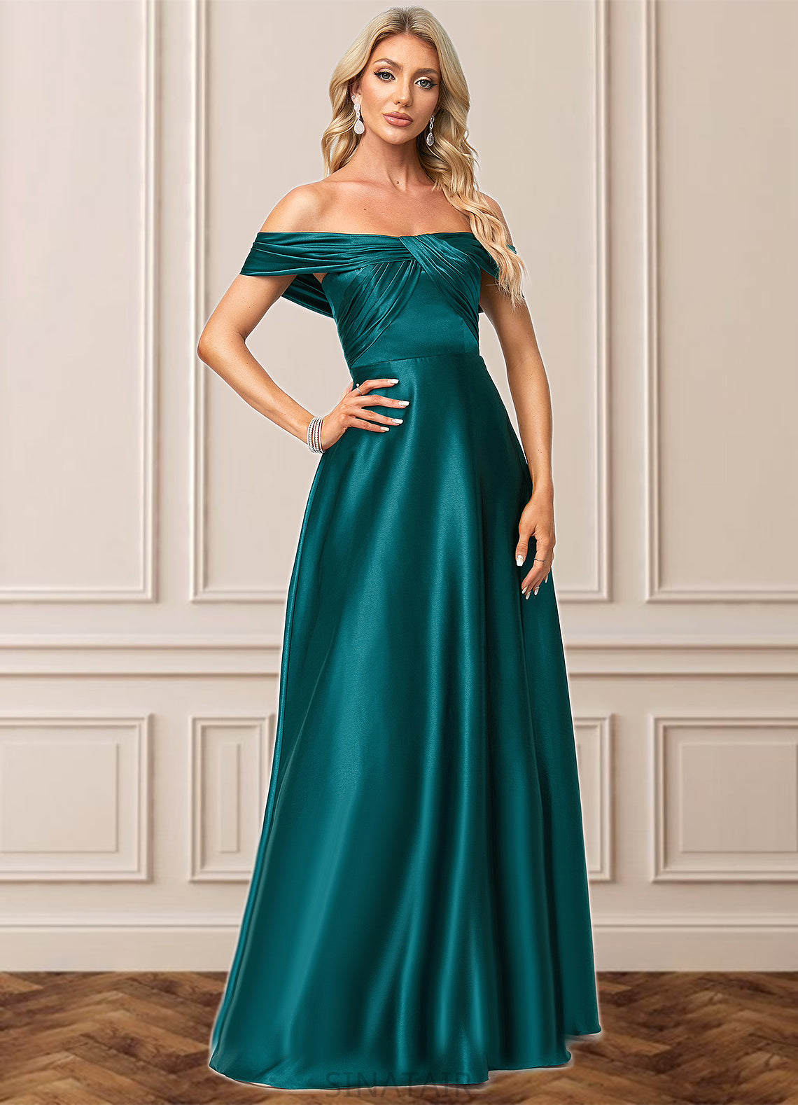 Kennedi A-line Off the Shoulder Floor-Length Stretch Satin Bridesmaid Dress DHP0022595