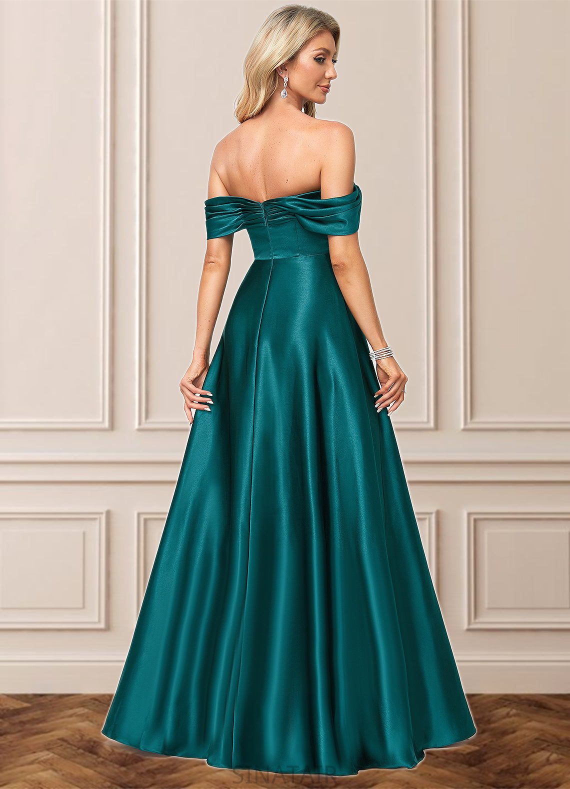 Kennedi A-line Off the Shoulder Floor-Length Stretch Satin Bridesmaid Dress DHP0022595