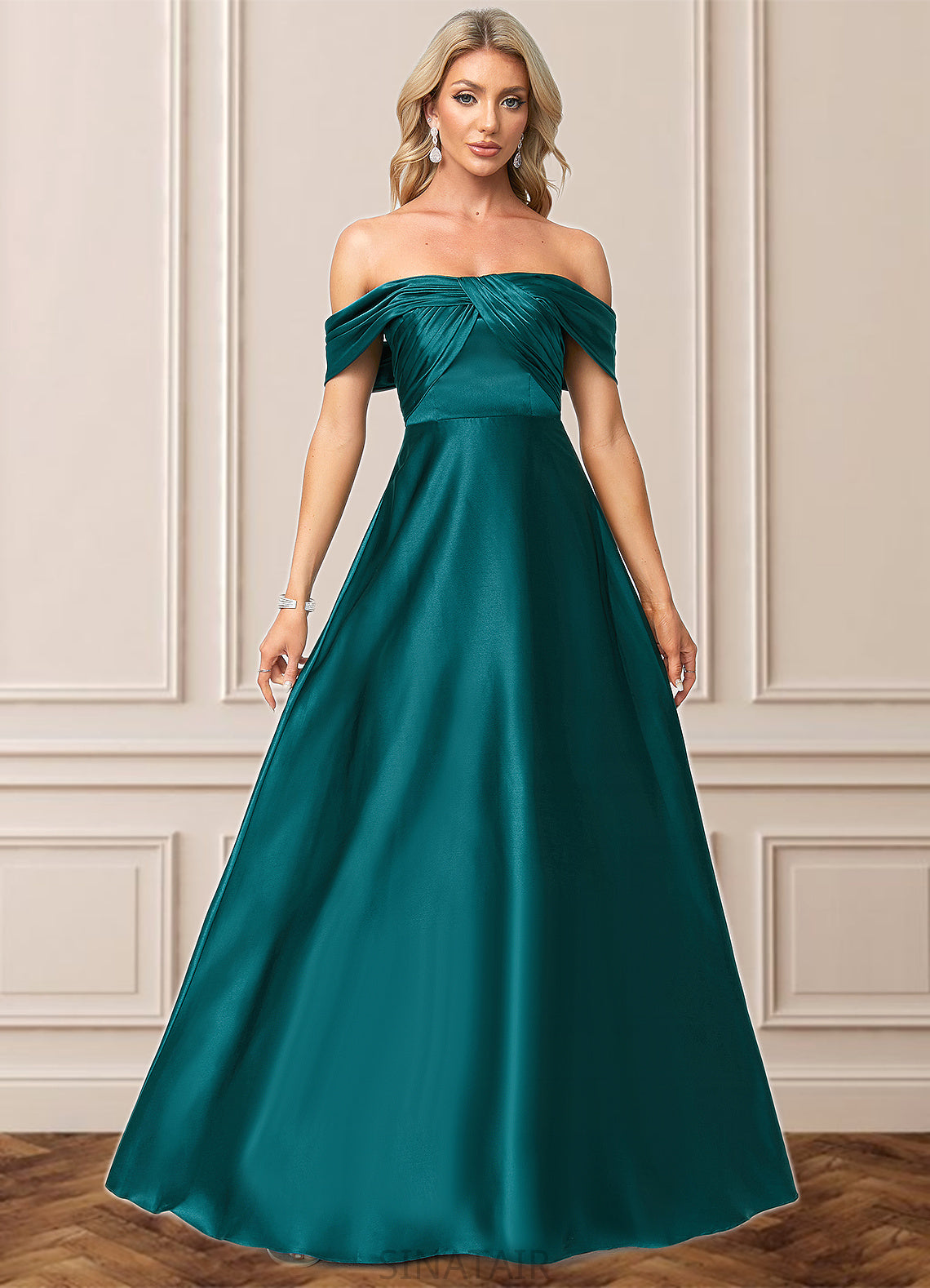 Kennedi A-line Off the Shoulder Floor-Length Stretch Satin Bridesmaid Dress DHP0022595