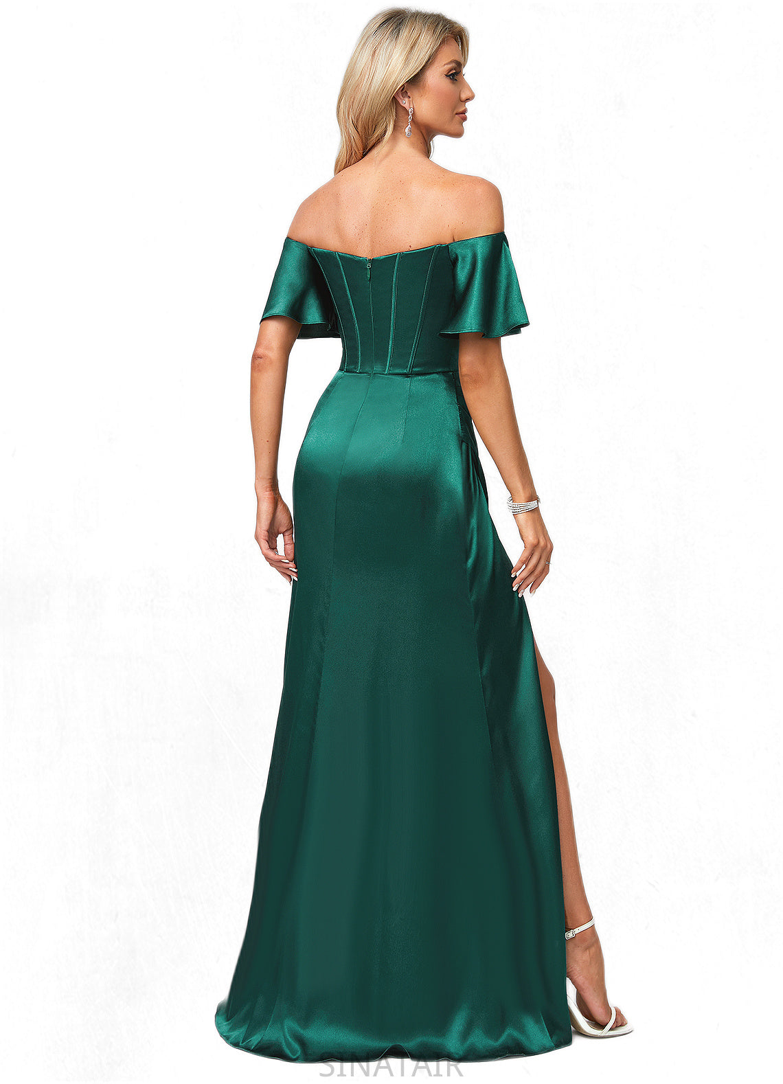 June A-line Off the Shoulder Floor-Length Stretch Satin Bridesmaid Dress DHP0022596