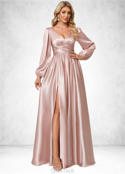 Amber A-line V-Neck Floor-Length Stretch Satin Bridesmaid Dress DHP0022597