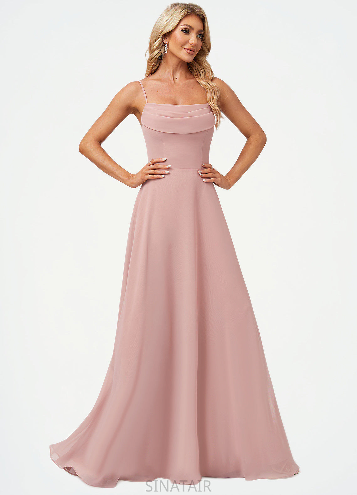 Alia A-line Cold Shoulder Square Floor-Length Chiffon Bridesmaid Dress With Ruffle DHP0022598