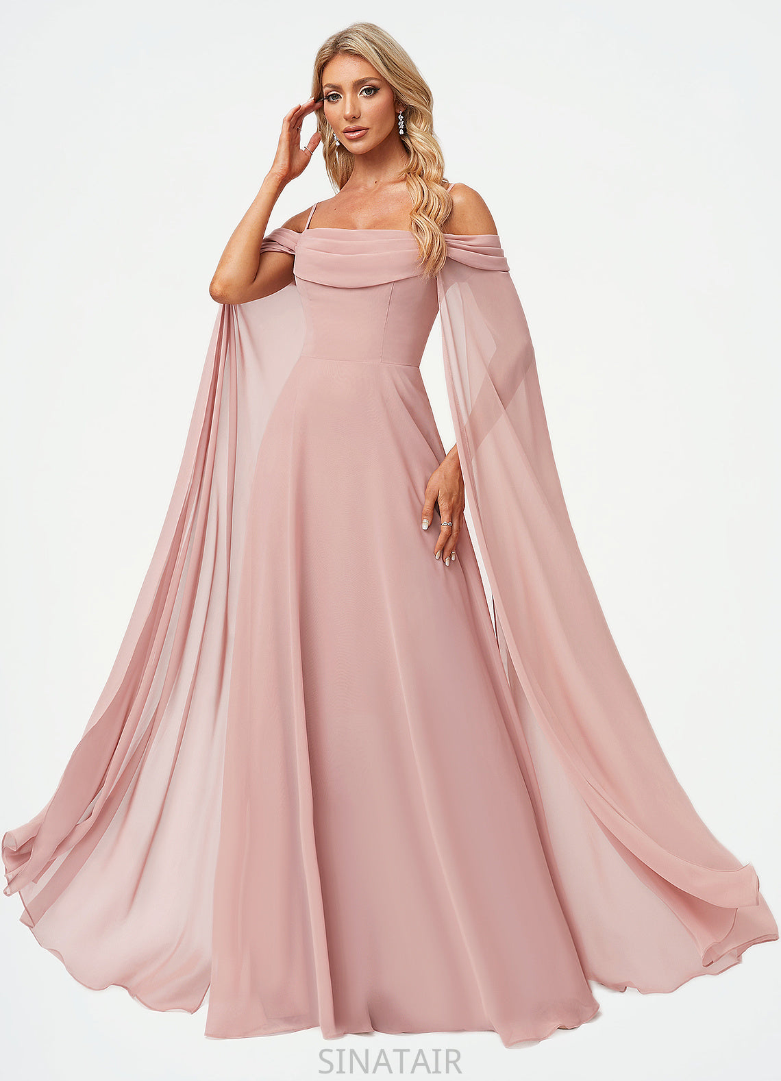 Alia A-line Cold Shoulder Square Floor-Length Chiffon Bridesmaid Dress With Ruffle DHP0022598