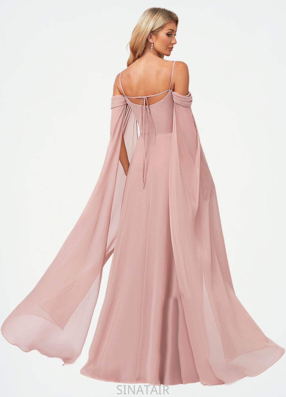 Alia A-line Cold Shoulder Square Floor-Length Chiffon Bridesmaid Dress With Ruffle DHP0022598