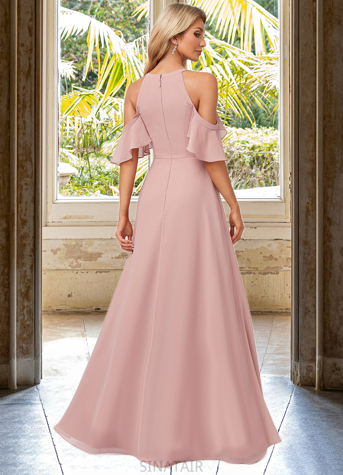 Kaylynn A-line Cold Shoulder Floor-Length Chiffon Bridesmaid Dress With Ruffle DHP0022599