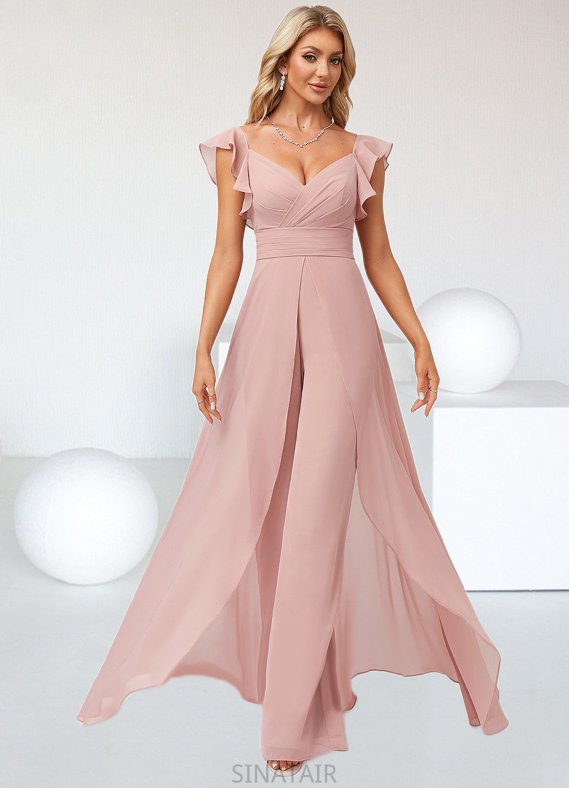 Jill Jumpsuit/Pantsuit V-Neck Floor-Length Chiffon Bridesmaid Dress With Ruffle DHP0022600