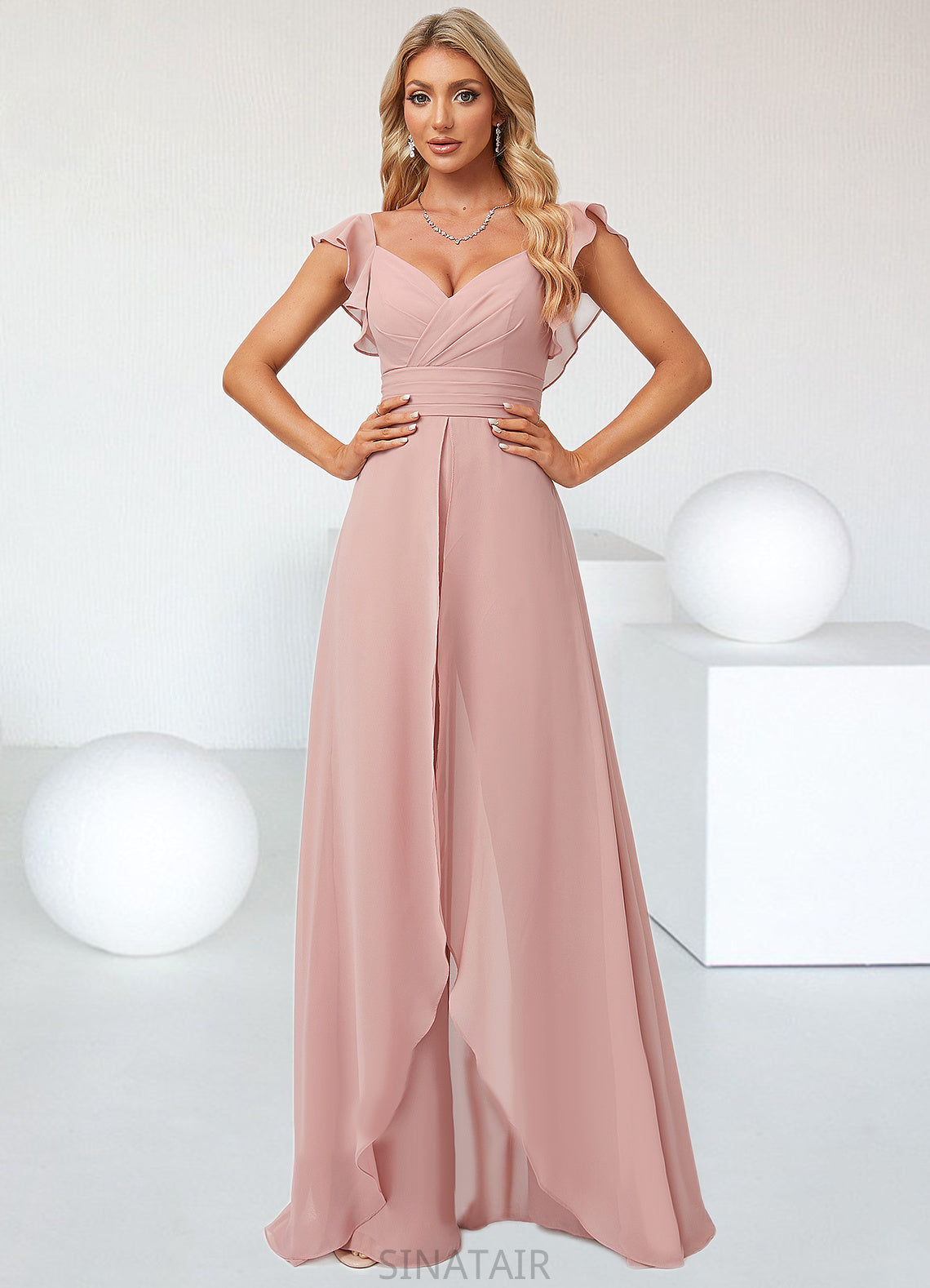 Jill Jumpsuit/Pantsuit V-Neck Floor-Length Chiffon Bridesmaid Dress With Ruffle DHP0022600