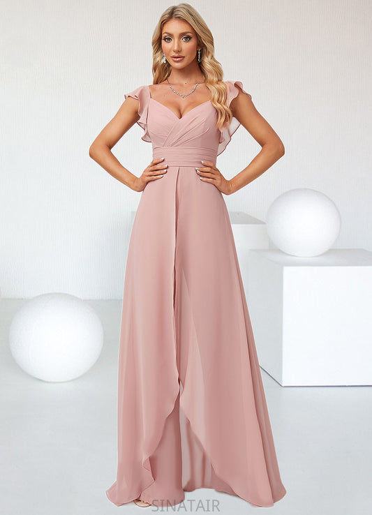 Jill Jumpsuit/Pantsuit V-Neck Floor-Length Chiffon Bridesmaid Dress With Ruffle DHP0022600