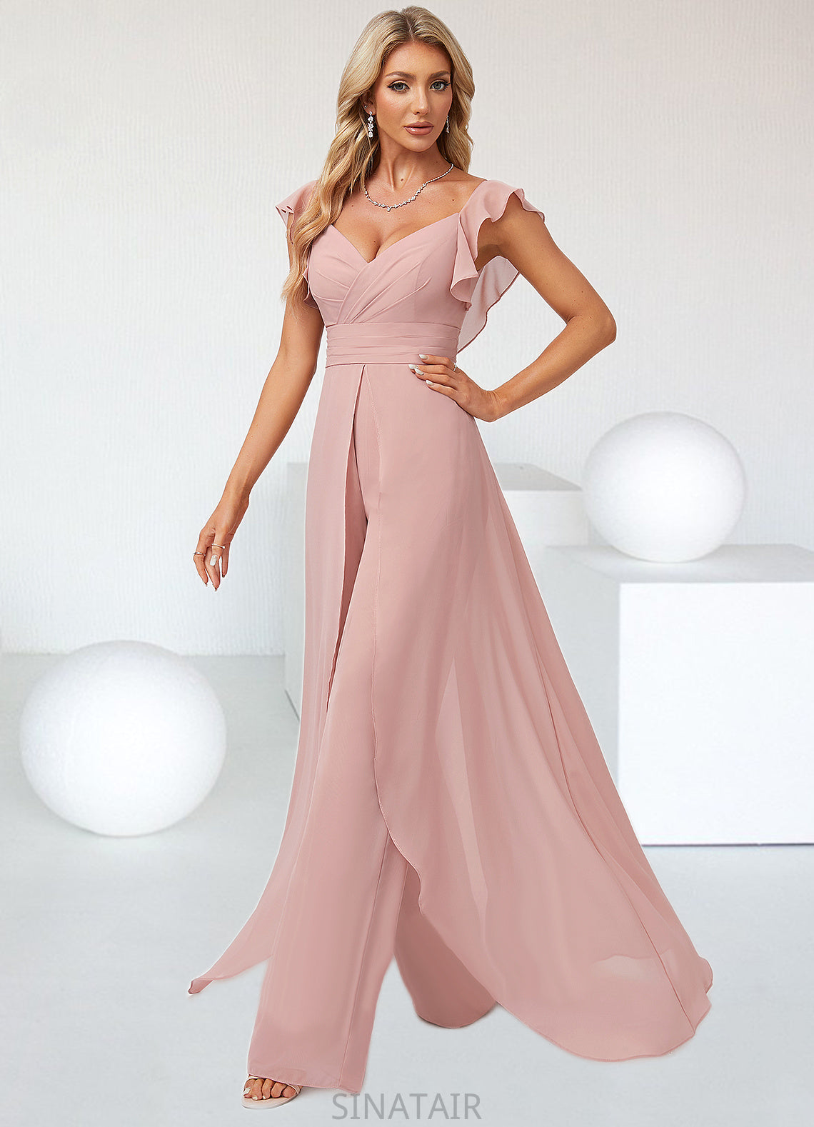 Jill Jumpsuit/Pantsuit V-Neck Floor-Length Chiffon Bridesmaid Dress With Ruffle DHP0022600