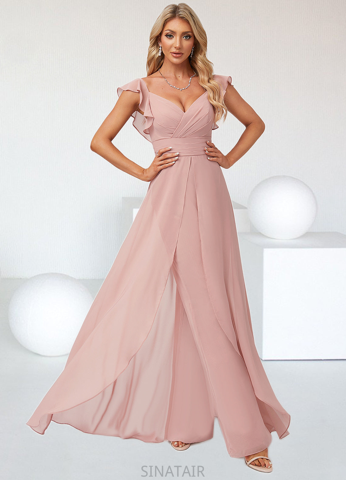 Jill Jumpsuit/Pantsuit V-Neck Floor-Length Chiffon Bridesmaid Dress With Ruffle DHP0022600