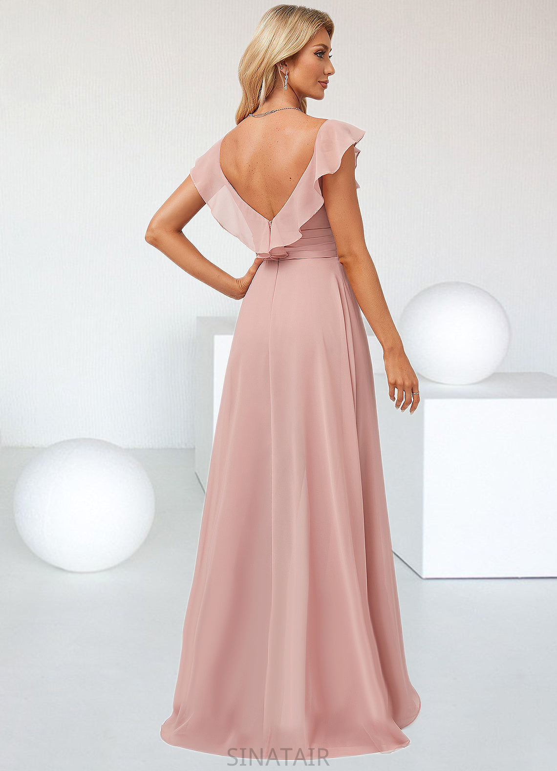 Jill Jumpsuit/Pantsuit V-Neck Floor-Length Chiffon Bridesmaid Dress With Ruffle DHP0022600