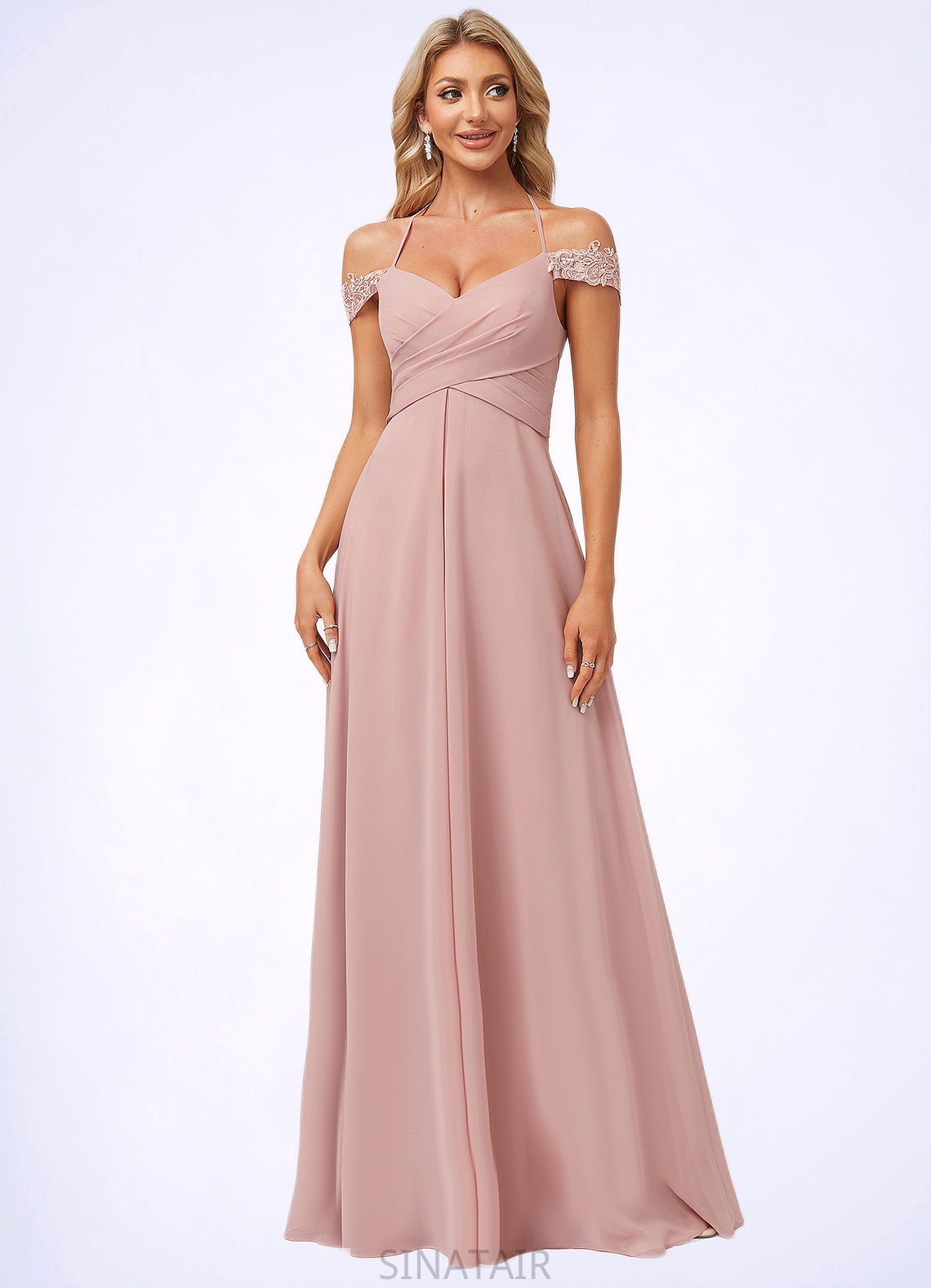 Viv A-line Cold Shoulder Halter Floor-Length Chiffon Lace Bridesmaid Dress DHP0022601