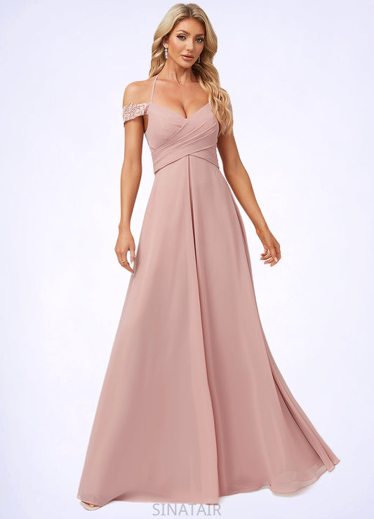 Viv A-line Cold Shoulder Halter Floor-Length Chiffon Lace Bridesmaid Dress DHP0022601