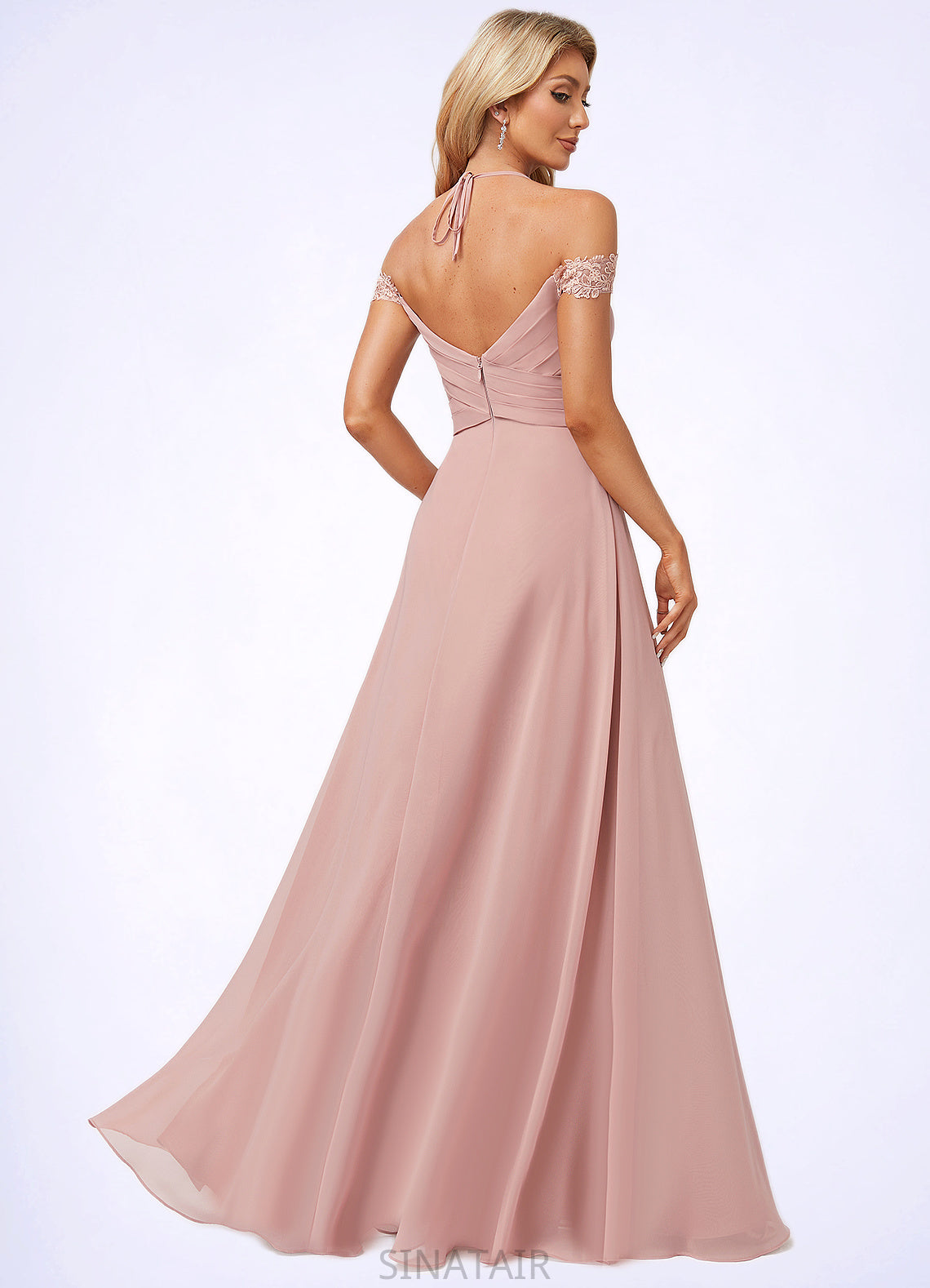 Viv A-line Cold Shoulder Halter Floor-Length Chiffon Lace Bridesmaid Dress DHP0022601